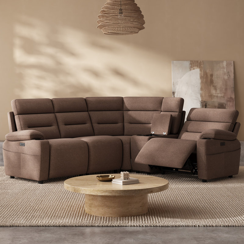 Canapé d'angle en L 4 places de 101,2 po avec inclinaison électrique et double console, marron, Lin brun