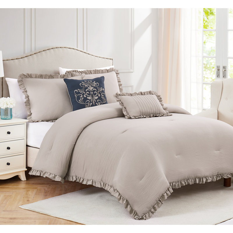 Portland Ruffle Comforter Set & Decorative Pillow, King Comforter + 2 Shams + 1 Pillow Cases, Taupe