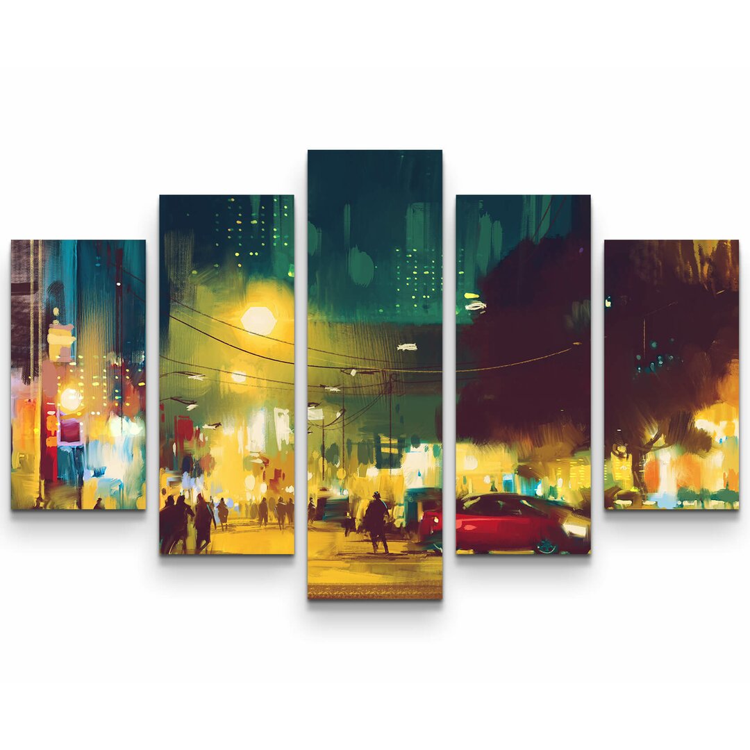 5-tlg. Leinwandbilder-Set Stadt bei Nacht - Illustration