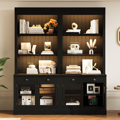 Suite de 83,4 po de hauteur avec bibliothèque à DEL, 2 pièces de bibliothèques contemporaines, portes en verre transparent, tiroirs et tablettes ouvertes réglables pour le rangement de la chambre à coucher, avec tablettes