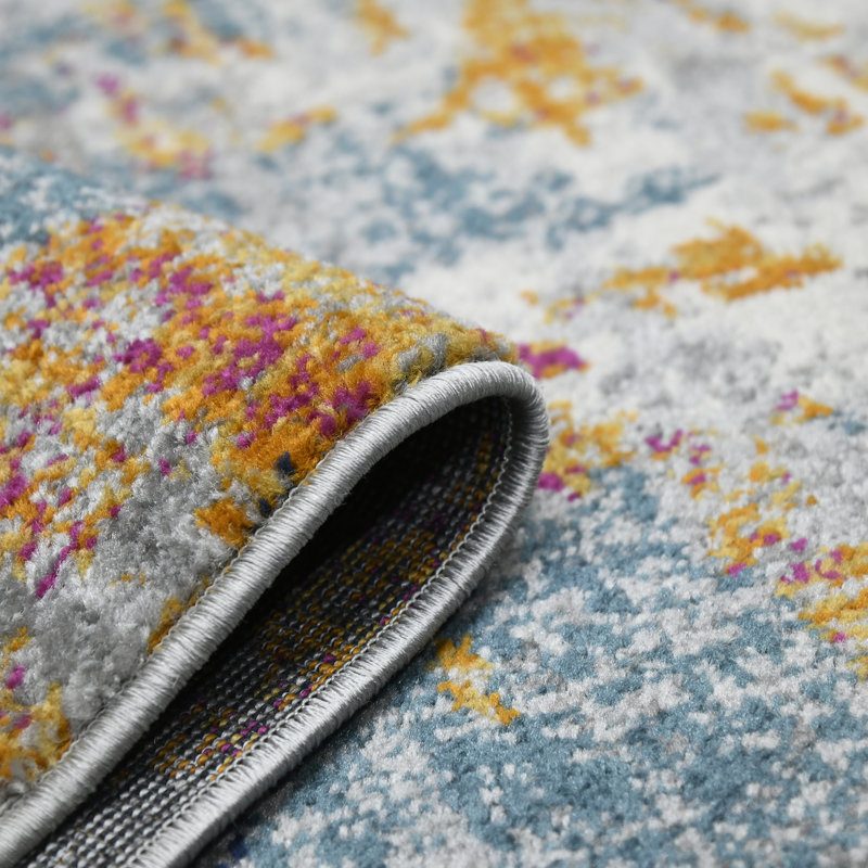 Blue and Orange Rectangular Stain-Resistant Synthetic Area Rug