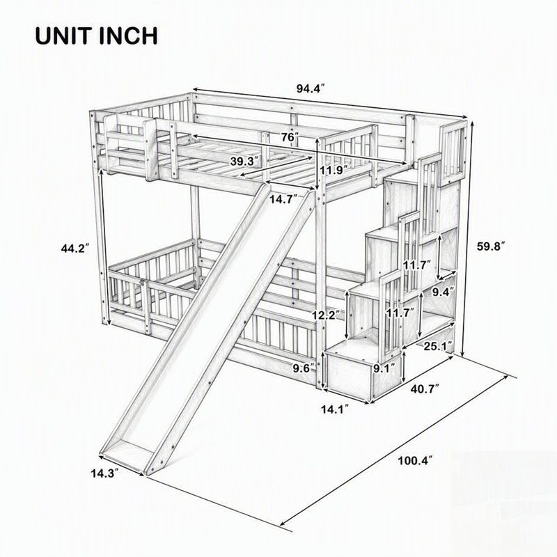 Lit superposé avec glissade, escalier de rangement, tablette de chevet, éclairage DEL et barrières de sécurité., Lit simple