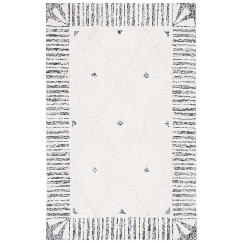 Abbeygail Hand Tufted Wool/Cotton Geometric Rug in Ivory/Black, Rectangle 3' x 5'