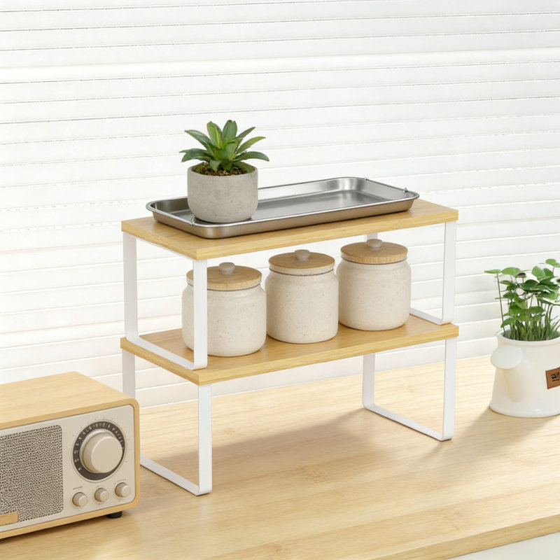 Ensemble de tablettes de rangement empilables et extensibles, support de rangement en bois et métal pour comptoir, garde-manger et armoire, conception peu encombrante pour les épices et les canettes