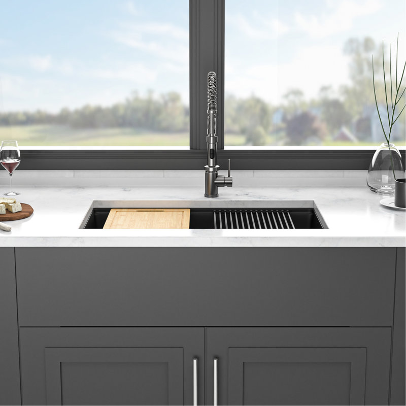Évier de comptoir en granite noir de style station de travail 33 po x 19 po encastré avec avantages en quartz pour la cuisine