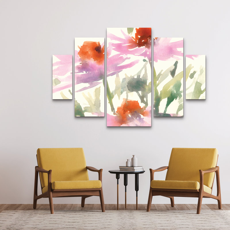 Ensemble de 5 panneaux muraux - «Daisy Garden Views I» par Samuel Dixon, art mural sur toile pour le salon, la chambre à coucher ou le bureau 