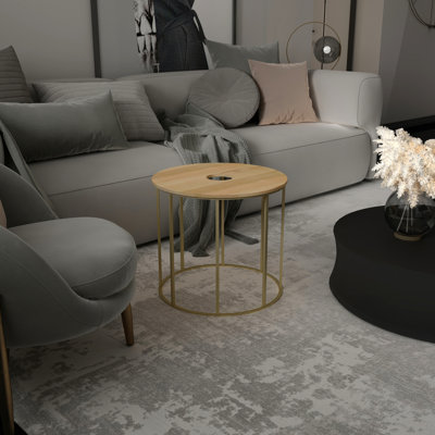 Table de bout latérale Orb - Plateau rond en bois de manguier naturel avec cadre ouvert en laiton thermolaqué, 19 po