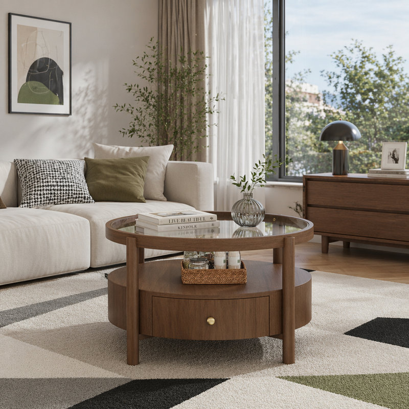 Table basse ronde en bois massif avec plateau de rangement en verre massif, table de centre circulaire moderne Mid-Century à 2 niveaux, table basse en bois de noyer