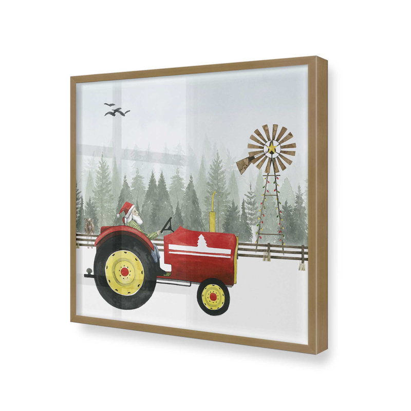 «Santa's Christmas Tractor Ride II», impression, Cadre simple en or brossé, bois massif, H 13,75 po x l 13,75 po