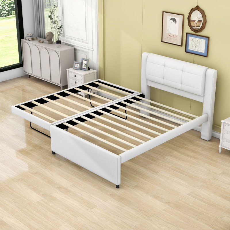 Lit plateforme double en bois avec lit gigogne, Beige