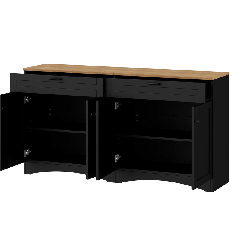 Meuble télé 70 po avec poignées rustiques, 2 tiroirs de style, tablettes réglables et armoire de rangement en grain de bois noir, rétro, compatible