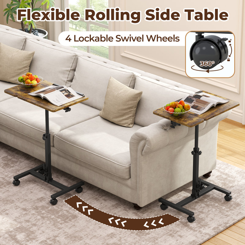 Adjustable Overbed Laptop Side Table with Dual Independent Tilting Tops and Lockable 360° Swivel Casters 