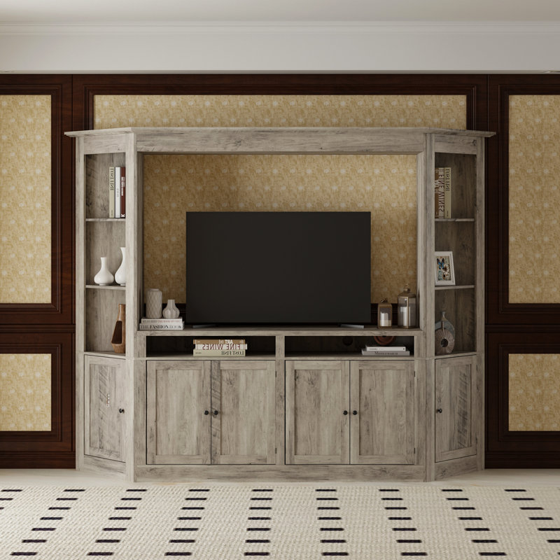Gray Wash 100 In. Entertainment Center With Solid Wood Top, Corner Shelves, And 8 Storage Cabinets