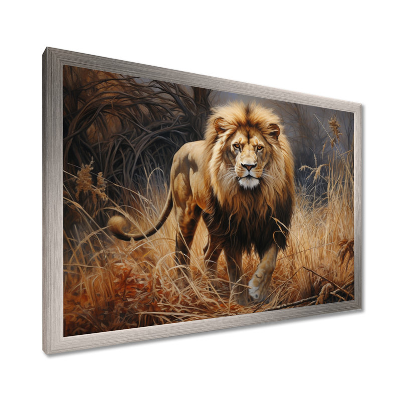 Lion réaliste réaliste II - Lion, art mural, Cadre simple argenté, H 24 po x l 32 po x P 1 po