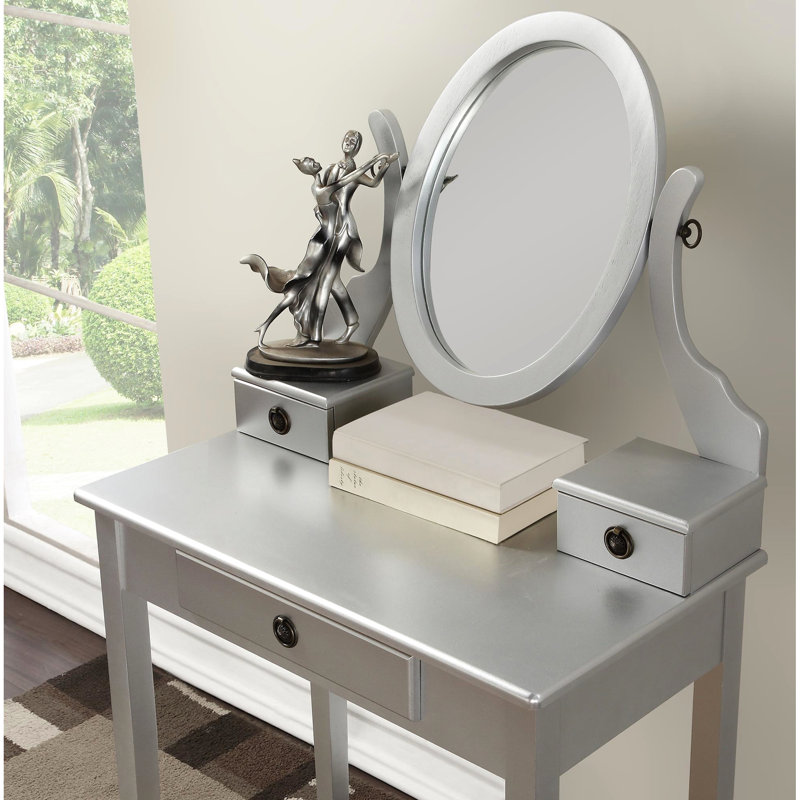 Silver Vanity Table And Stool - Wood Construction, 3 Storage Drawers, Mirror Adjustable For Makeup Modern With Stool, Drawer Storage, Cosmetics Oval