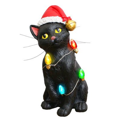 Figurine festive de chat noir avec lumières DEL, jolie statue de décoration intérieure de 7 po