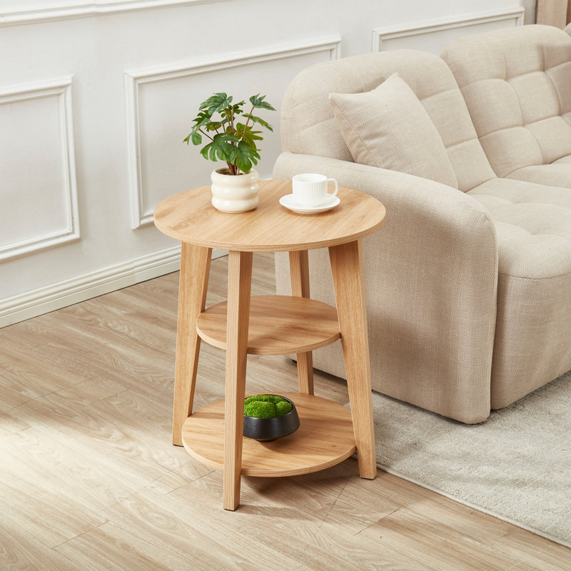 Round End Table, 3-Tier Side Table with Storage Shelf, Wood Nightstand for Living Room,Bedroom, Natural