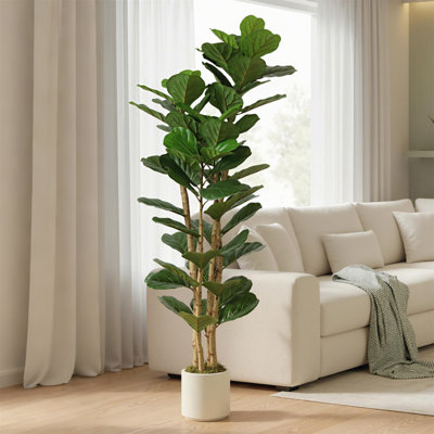 Faux Fiddle Leaf Fig Tree Plant in Cement Freestanding Planter