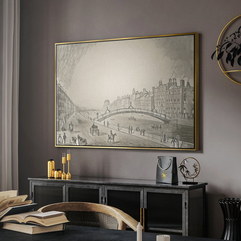 Croquis rétro XLII - impression, Toile avec cadre flottant or, H 25 po x l 37 po x P 2 po
