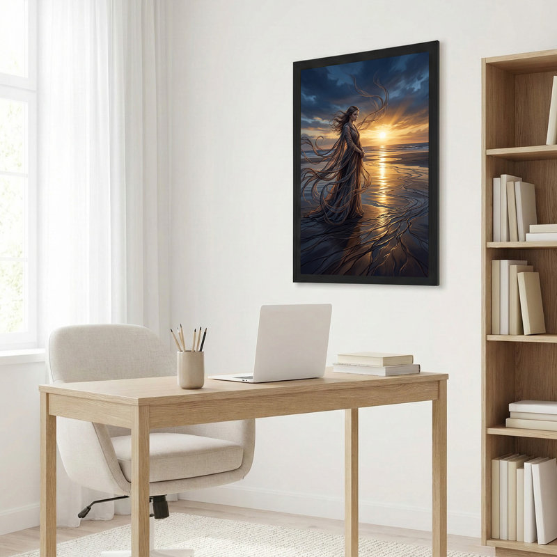 «Woman in Flowing Robe on Beach at Golden Sunset», art mural sur toile, H 36 po x l 24 po