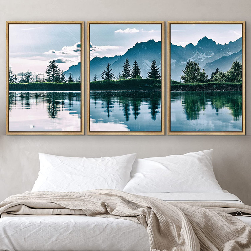 Noway Natural Landscape Green Mountain Lake Forest Reflection Framed Canvas 3 Pieces Print Wall Art, 36" H x 72" W, Brown 