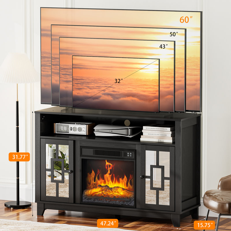 Carved Hanady For 60 Inch Tv Glass Doors with Electric Fireplace Included, Black