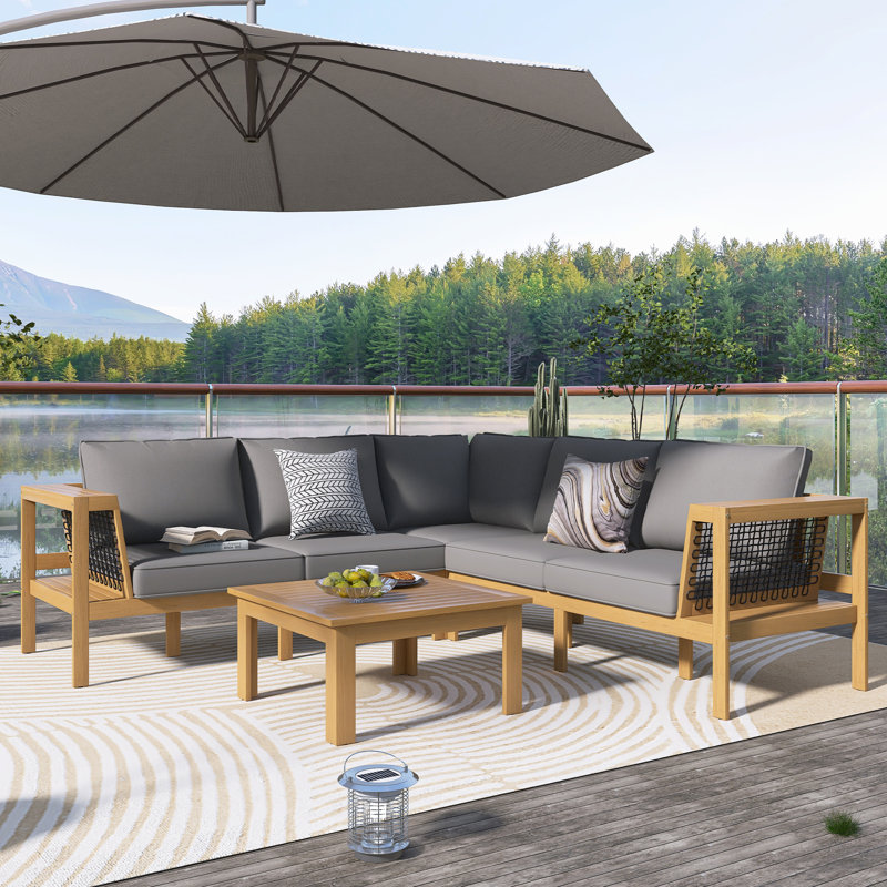 Ensemble de 4 canapés d'extérieur en bois d'acacia, accoudoirs en filet tissé, ensemble de meubles de patio en L avec table basse, coussins gris et table d'appoint