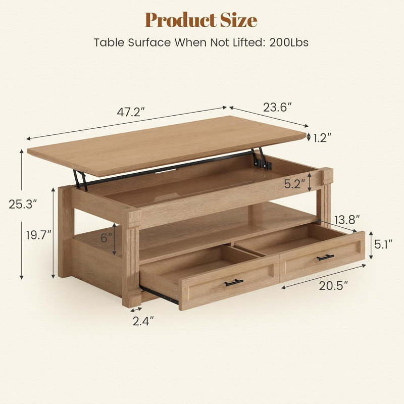 Table basse à plateau relevable avec rangement caché et 2 tiroirs, centre de table en bois de ferme 47,2 po avec mécanisme de levage hydraulique pour le salon, chêne
