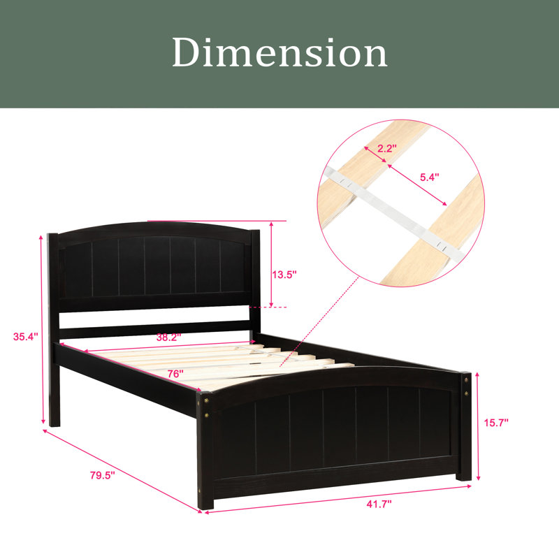 Lit plateforme en bois avec tête de lit, pied de lit et lattes en bois, Espresso