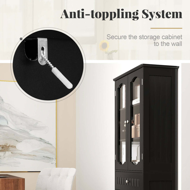 Black MDF Tall Living Room Cabinet with Adjustable Shelving