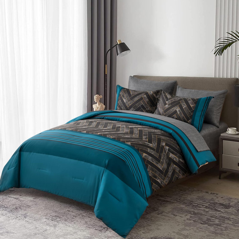 7-Piece Stripe Geometric Comforter Set, Soft Microfiber All-Season Complete Bedding Set, Teal Blue