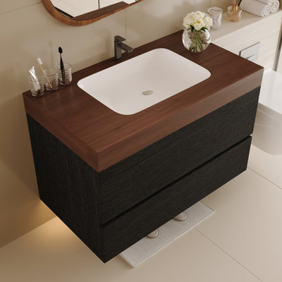  Abra 29.9" Modern Floating Bathroom Vanity, Wall Mounted With Sintered Stone Top & Ceramic Sink, 2 Drawers For Small Bathrooms