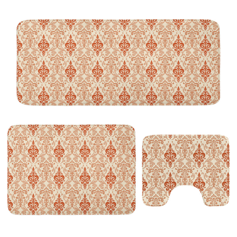  Ensemble de tapis de salle de bain antiques 3 pièces en forme de U et de tapis rectangulaires crème et orange brûlé