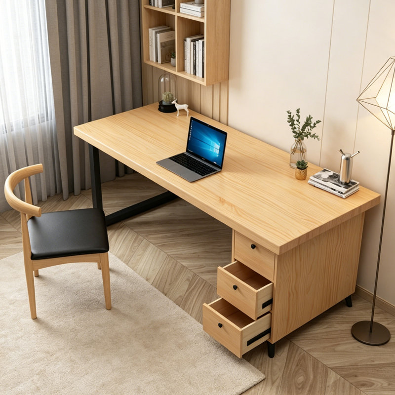 Bureau en bois de pin massif de haute qualité à 3 tiroirs, Brun orangé, H 29,5 po x l 47,2 po x P 23,6 po