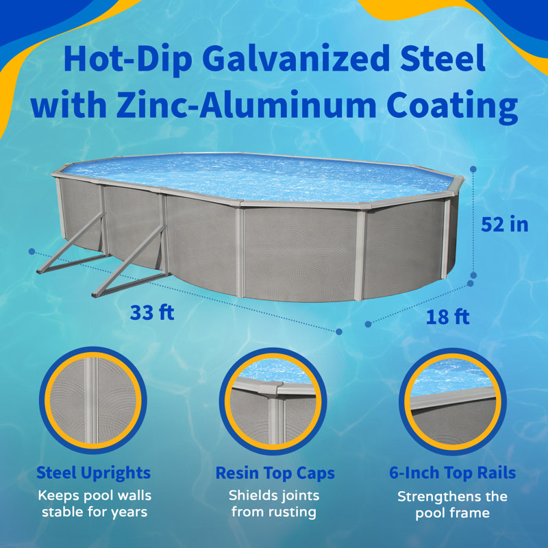 Blue Wave Belize 18-ft x 33-ft Oval 52-in Deep Above Ground Swimming Pool – With Steel Top Rails, Sand Filter, Skimmer, Liner, A-Frame Ladder & Maintenance Kit – Complete Outdoor Pool Accessories
