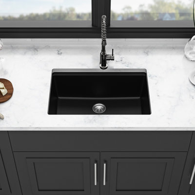 28 - Inch By 19 Black Quartz Workstation Undermount Kitchen Sink High End Material, Smooth Surface, Eliminates Vibration, With Drying Roll Up Rack And Bottom Grid Black, 28" X 19", Composite,