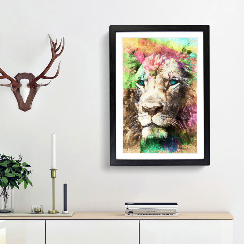 Blue Eyed Lion in Abstract - Picture Frame Painting Print, 65cm H x 48cm W x 2cm D, Black Framed
