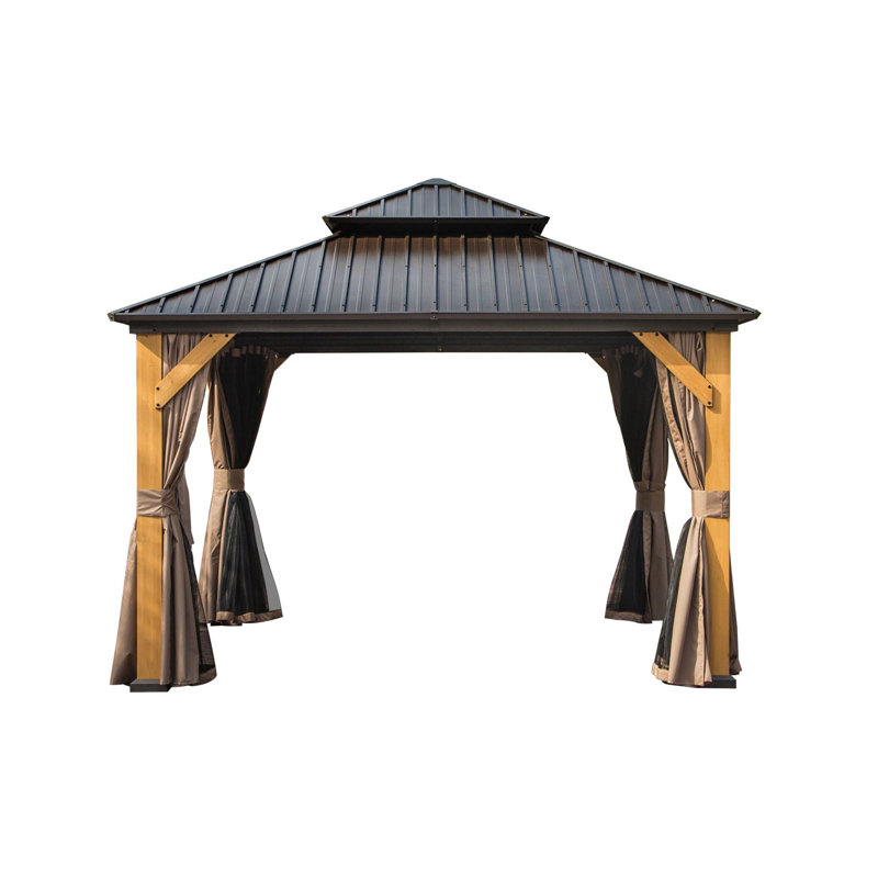 Patio Gazebo, Permanent Metal Pavilion with Curtains and Netting ,Outdoor Cedar Frame Canopy, 12 (ft) x 12 (ft), Brown, Brown