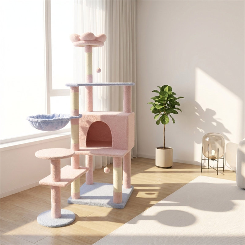 Arbre à chat avec coussin de fleurs et hamac bleu, Rose