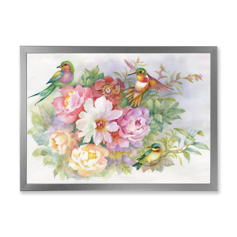 Fleurs vibrantes et oiseaux colorés - peinture sur toile, H 30 po x l 40 po x 1,5 po, Cadre photo argenté