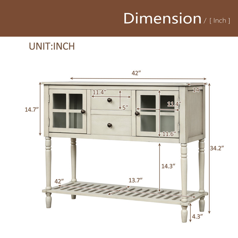 Console avec buffet et tablette inférieure, armoire de rangement en bois / verre Farmhouse, Gris antique