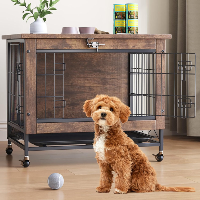 Meuble pour chien 26 po à double porte en bois avec roulettes verrouillables