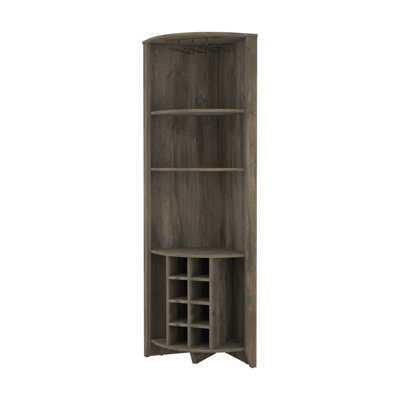 Bouvet Corner Bar Cabinet with 3 Shelves, 8 Wine Cubbies, Cup Rack, and 2 Side Shelves, Black Wenge