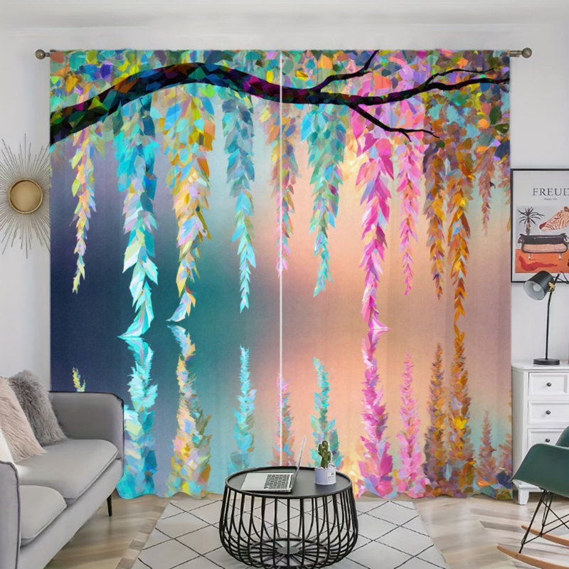 2 rideaux filtrant la lumière artistique à motif de feuilles avec saule suspendu et motif réfléchissant, décor de style aquarelle vibrant, habillage de fenêtre avec passe-tringle pour le salon, la chambre à coucher et la maison