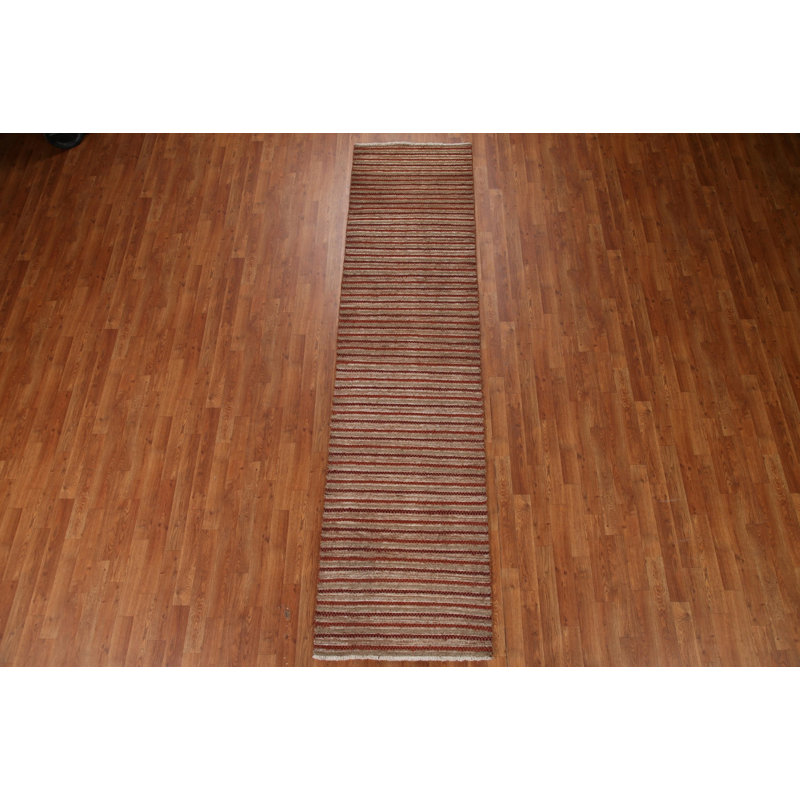 Tapis de couloir rayé rouge en laine noué à la main 2 pi 6 po x 10 pi 2 po