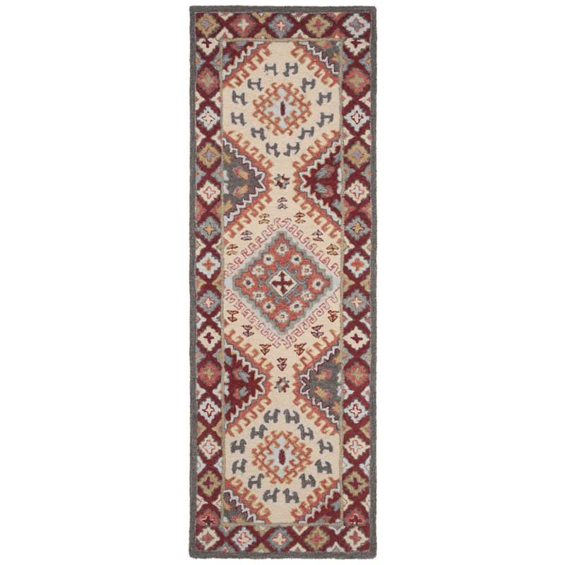Tapis touffeté à la main en coton / laine rouge / ivoire Chadbourn, Tapis de couloir 2 pi 3 po x 11 pi