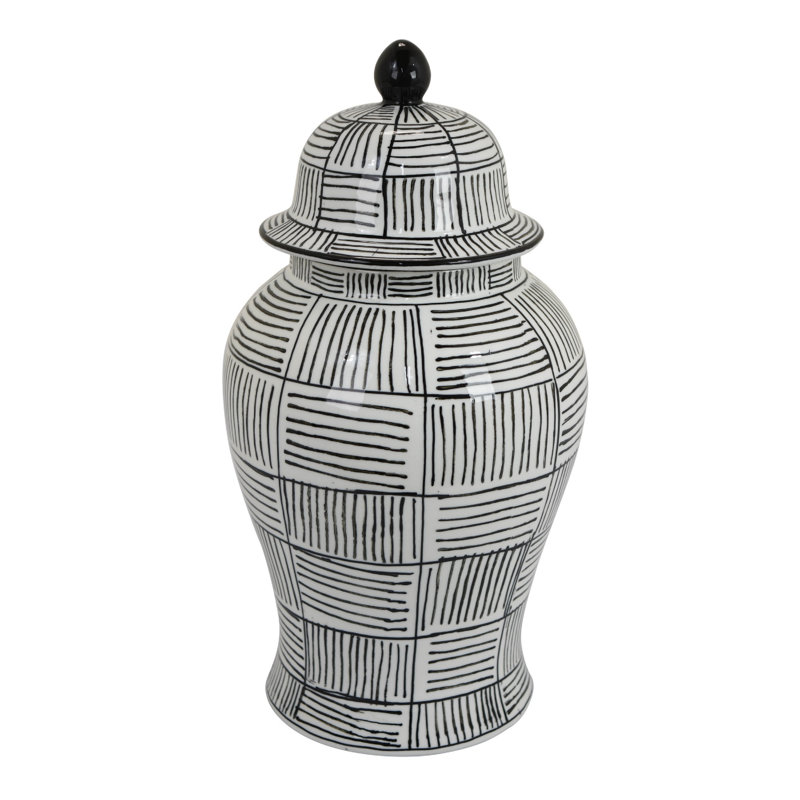 Loi Temple Jar with Lid, Black White Grid Pattern Ceramic, 17 Inch Decor
