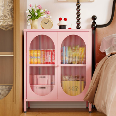 Petite armoire de rangement latérale en métal à 2 portes transparentes pour chambre à coucher, salon, entrée, couloir, maison, hôtel, bureau, garage, cuisine, 2 tablettes amovibles.