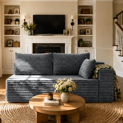 Canapé modulaire de 70 po en forme de nuage désossé, canapé modulaire à assise profonde avec revêtement en velours côtelé moelleux, accoudoir droit 2 places pour le salon, gris