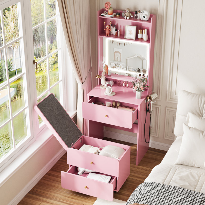 Small Vanity Desk Set With 3 Adjustable Lighted Mirror, Pink